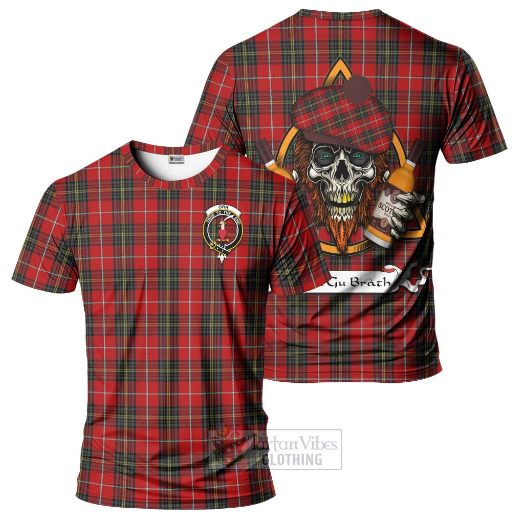 Tartan Vibes Clothing Orr Tartan T-Shirt with Family Crest and Bearded Skull Holding Bottles of Whiskey