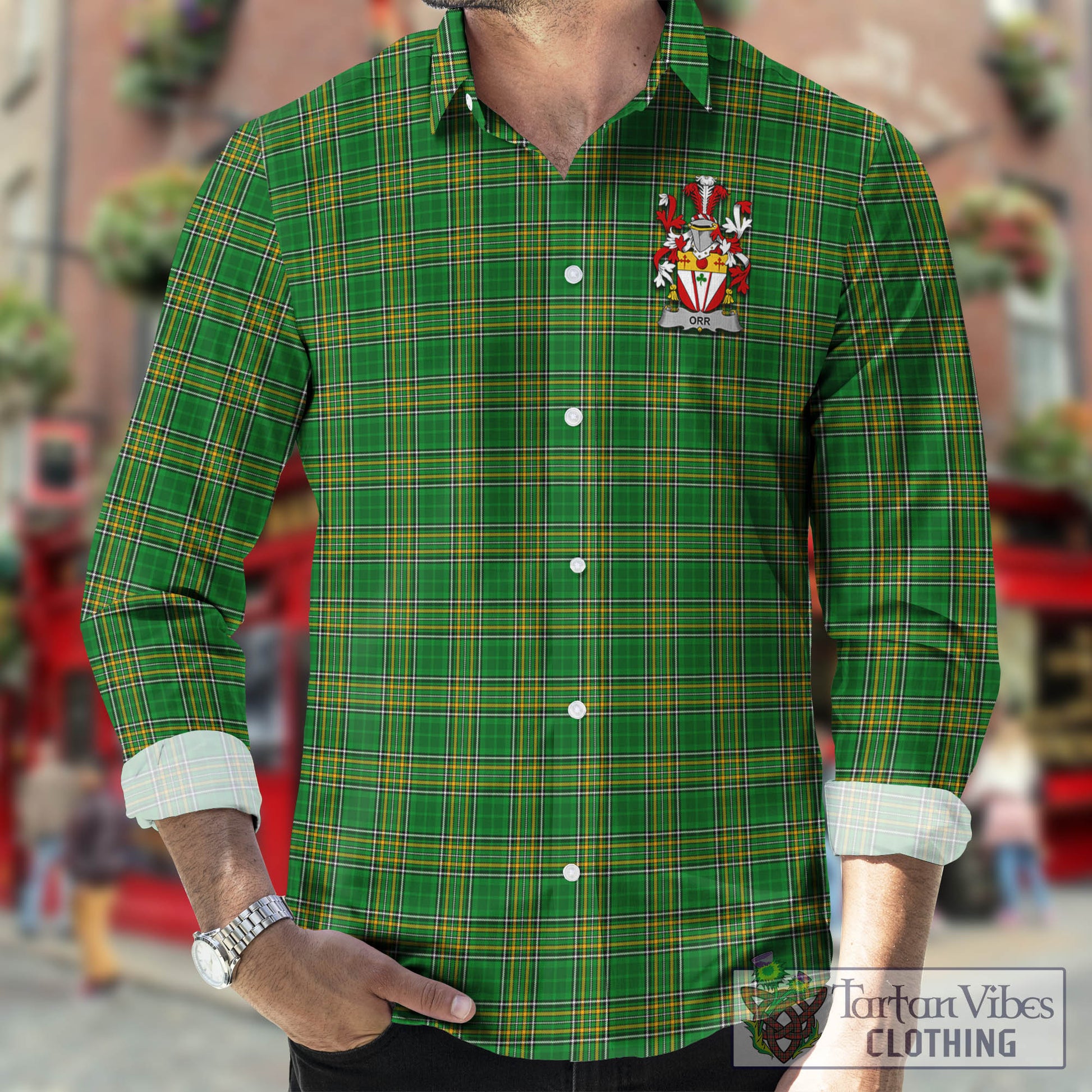 Tartan Vibes Clothing Orr Ireland Clan Tartan Long Sleeve Button Up with Coat of Arms