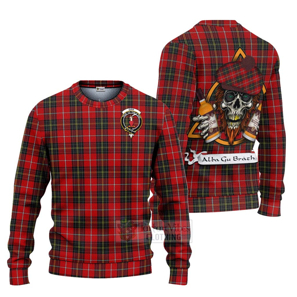 Tartan Vibes Clothing Orr Tartan Knitted Sweater with Family Crest and Bearded Skull Holding Bottles of Whiskey