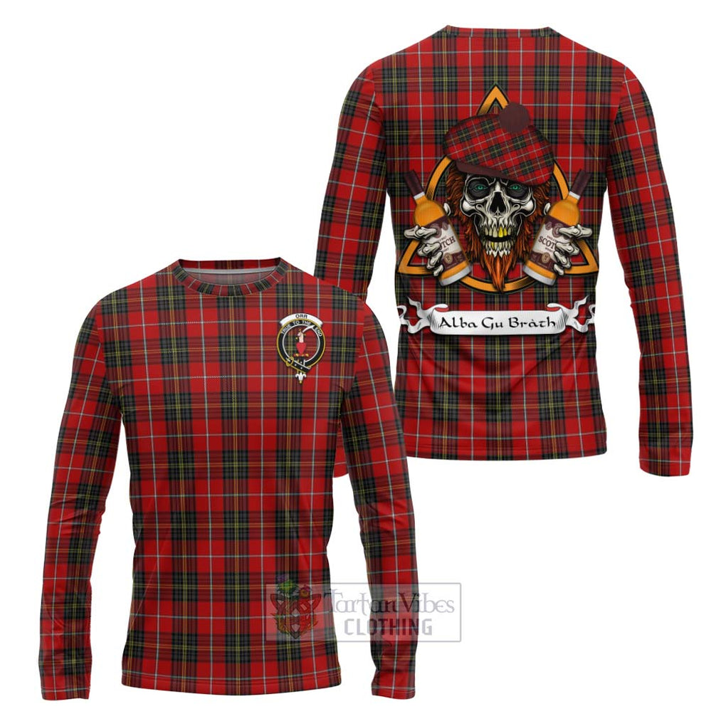 Tartan Vibes Clothing Orr Tartan Long Sleeve T-Shirt with Family Crest and Bearded Skull Holding Bottles of Whiskey