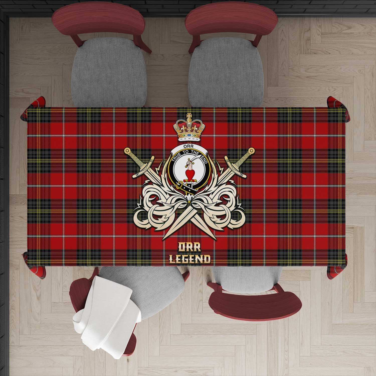 Tartan Vibes Clothing Orr Tartan Tablecloth with Clan Crest and the Golden Sword of Courageous Legacy