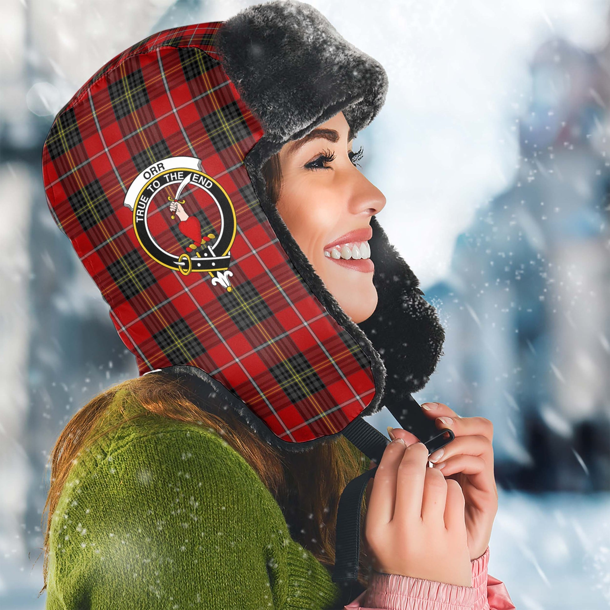 Orr Tartan Winter Trapper Hat with Family Crest Winter Trapper Hat Universal Fit Circumference 22.8in (58cm) - Tartanvibesclothing