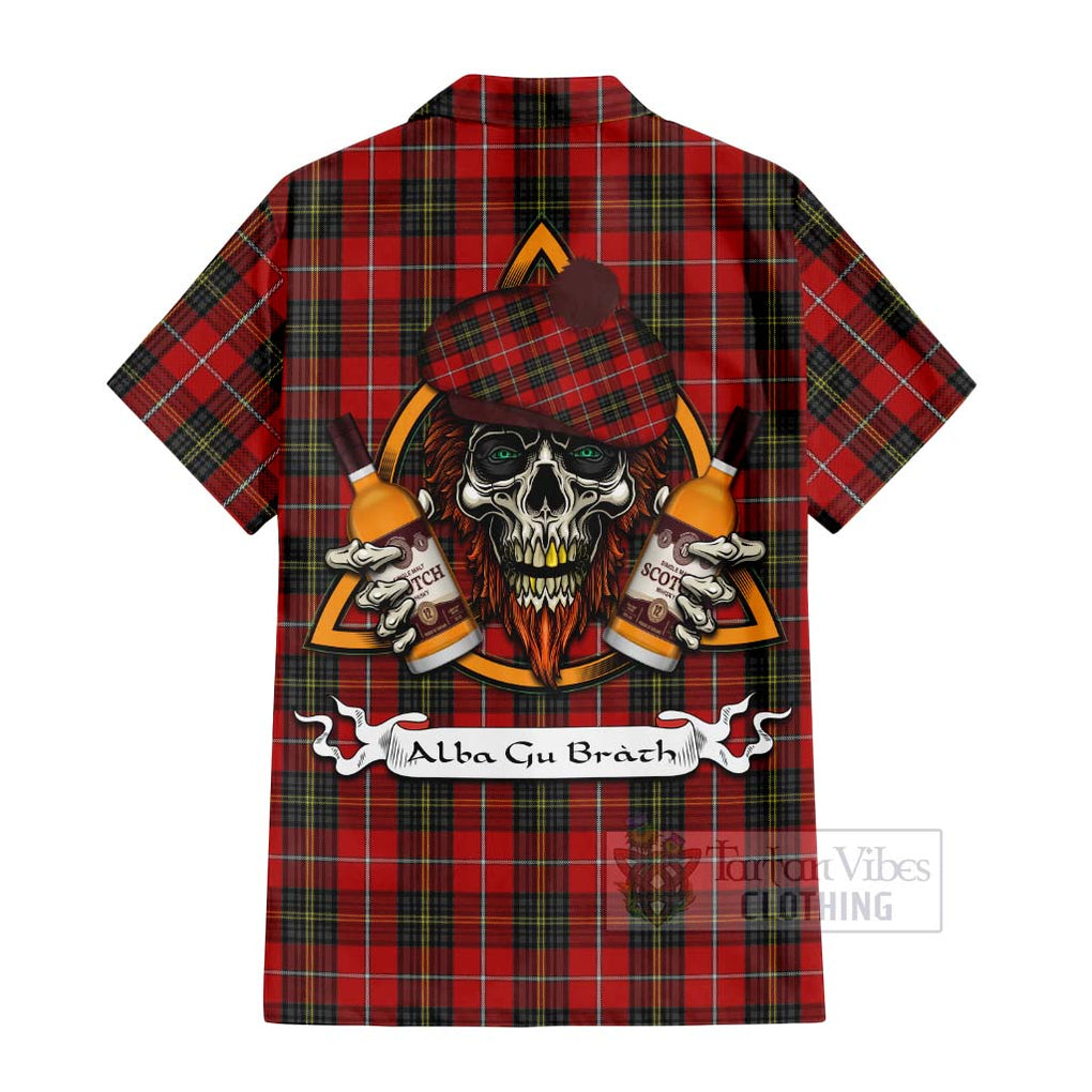 Tartan Vibes Clothing Orr Tartan Short Sleeve Button Shirt with Family Crest and Bearded Skull Holding Bottles of Whiskey