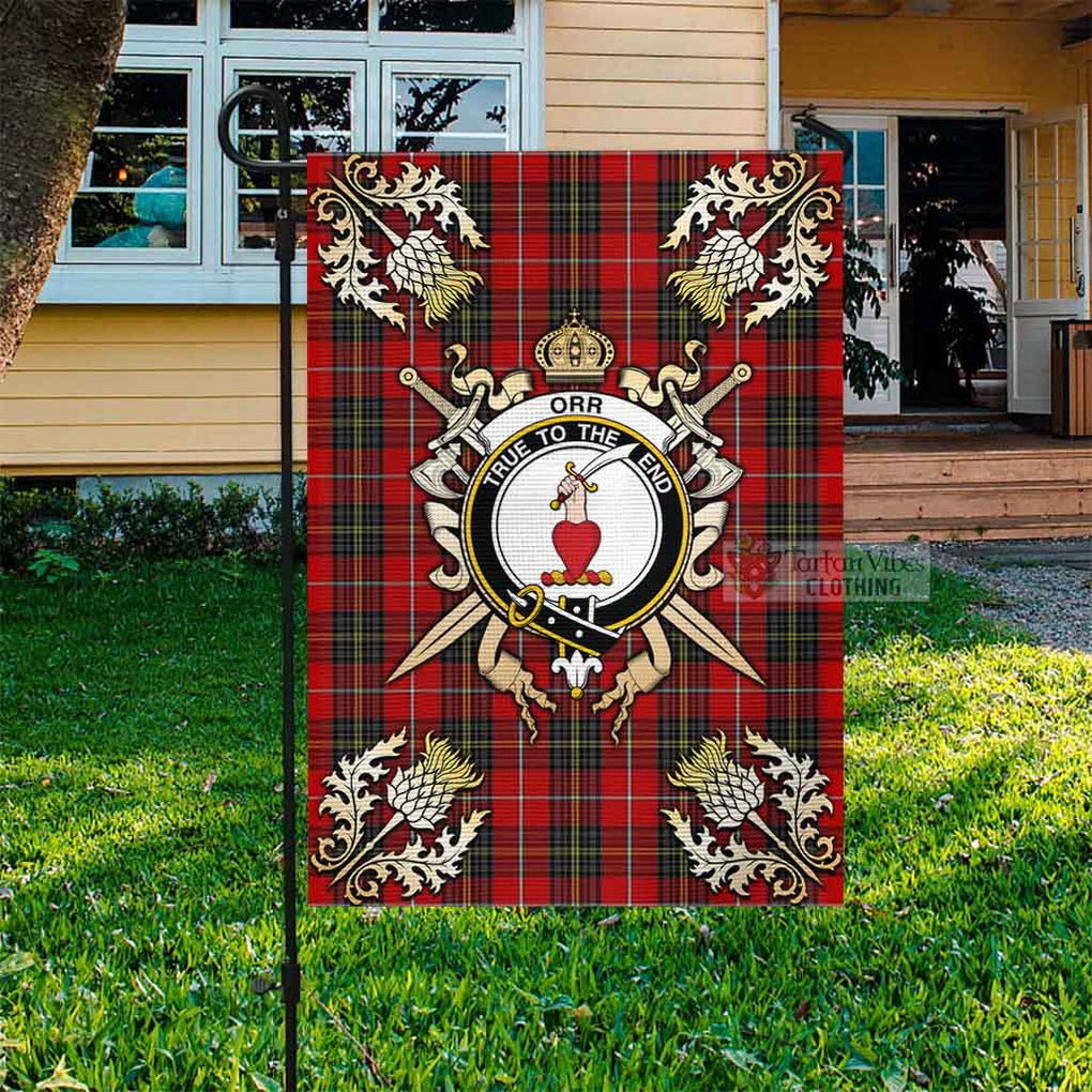 Tartan Vibes Clothing Orr Tartan Flag with Family Crest and Golden Thistle Crossed Sword Design