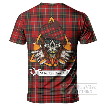 Orr Tartan T-Shirt with Family Crest and Bearded Skull Holding Bottles of Whiskey