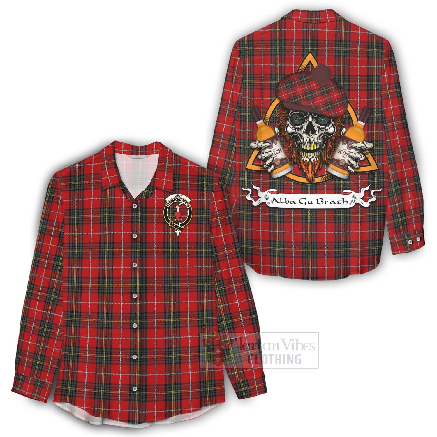 Tartan Vibes Clothing Orr Tartan Women's Casual Shirt with Family Crest and Bearded Skull Holding Bottles of Whiskey