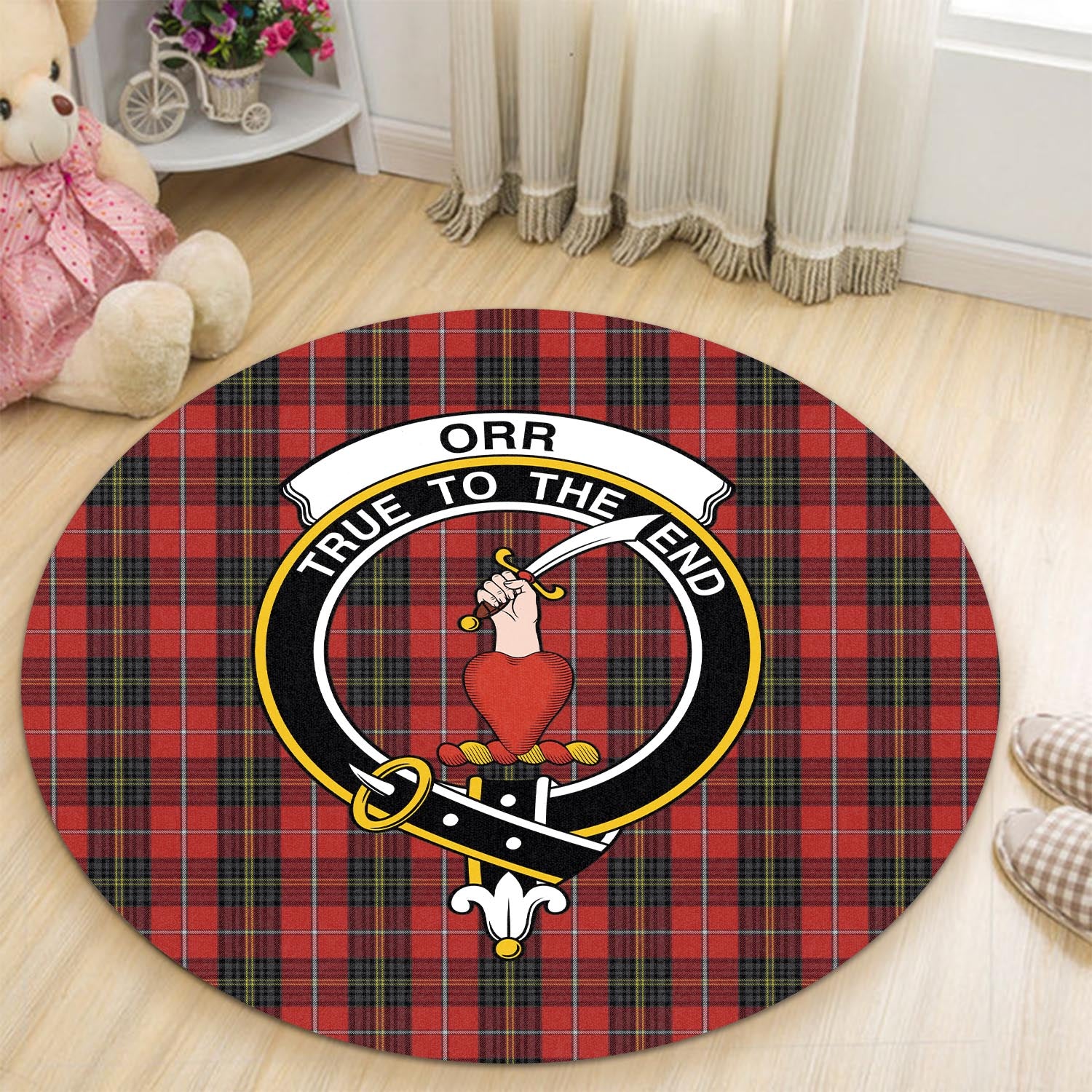 orr-tartan-round-rug-with-family-crest