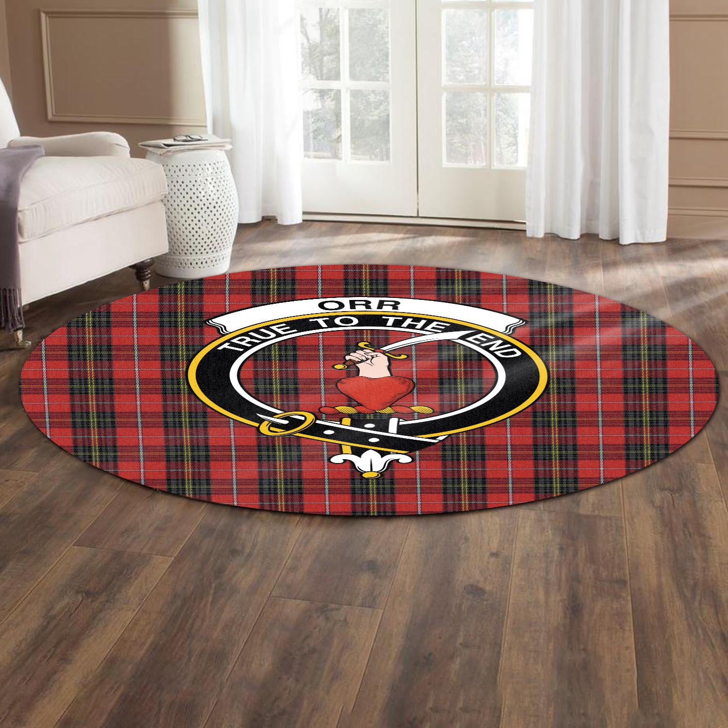 orr-tartan-round-rug-with-family-crest