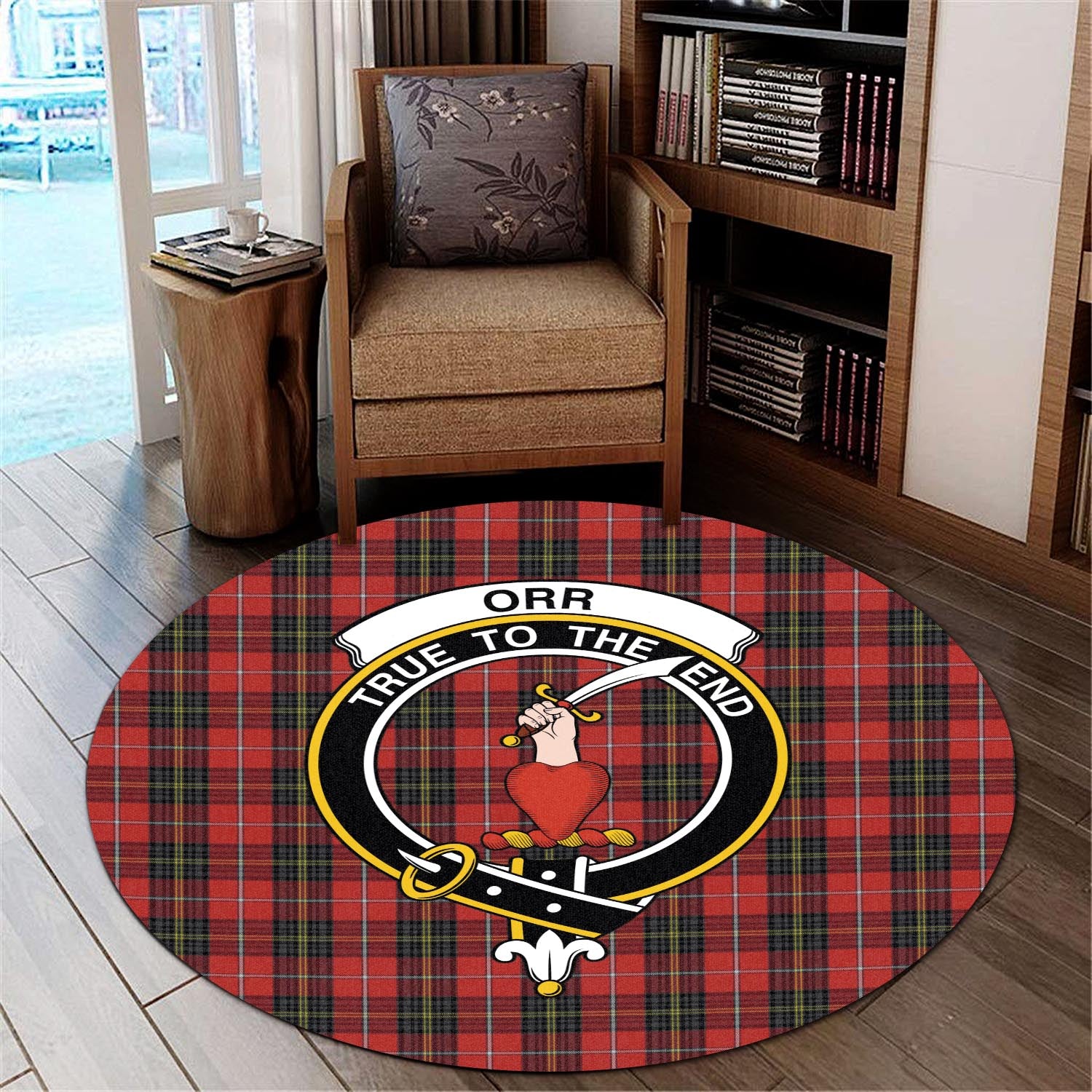 orr-tartan-round-rug-with-family-crest