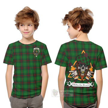 Orrock Tartan Kid T-Shirt with Family Crest and Bearded Skull Holding Bottles of Whiskey