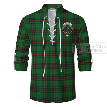 Orrock Tartan Ghillie Kilt Shirt with Family Crest and Bearded Skull Holding Bottles of Whiskey