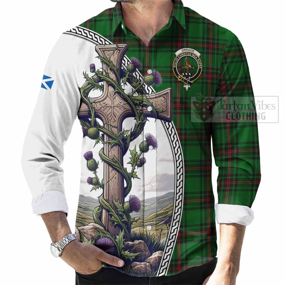 Tartan Vibes Clothing Orrock Tartan Long Sleeve Button Shirt with Family Crest and St. Andrew's Cross Accented by Thistle Vines