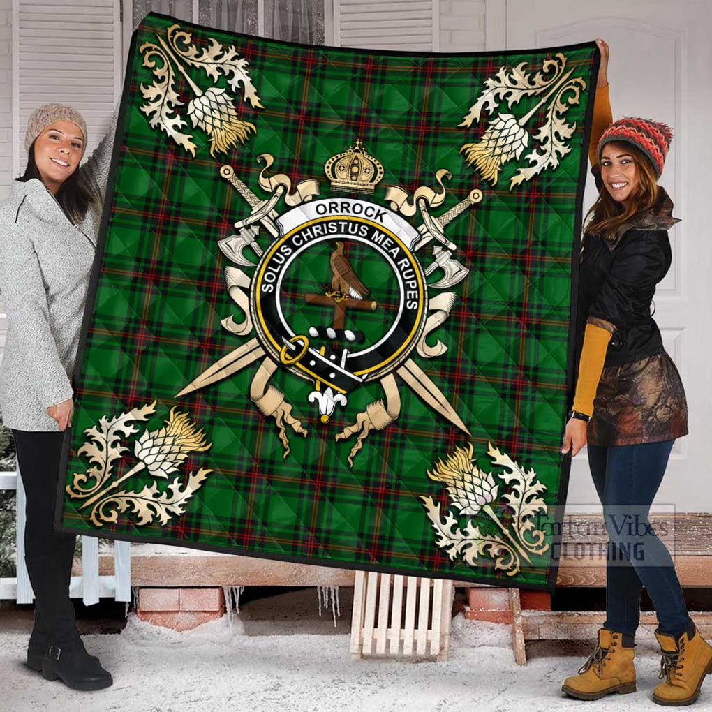 Tartan Vibes Clothing Orrock Tartan Quilt with Family Crest and Scottish Golden Courage Shield