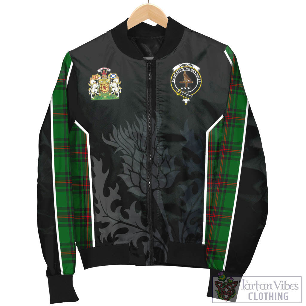 Tartan Vibes Clothing Orrock Tartan Bomber Jacket with Family Crest and Scottish Thistle Vibes Sport Style