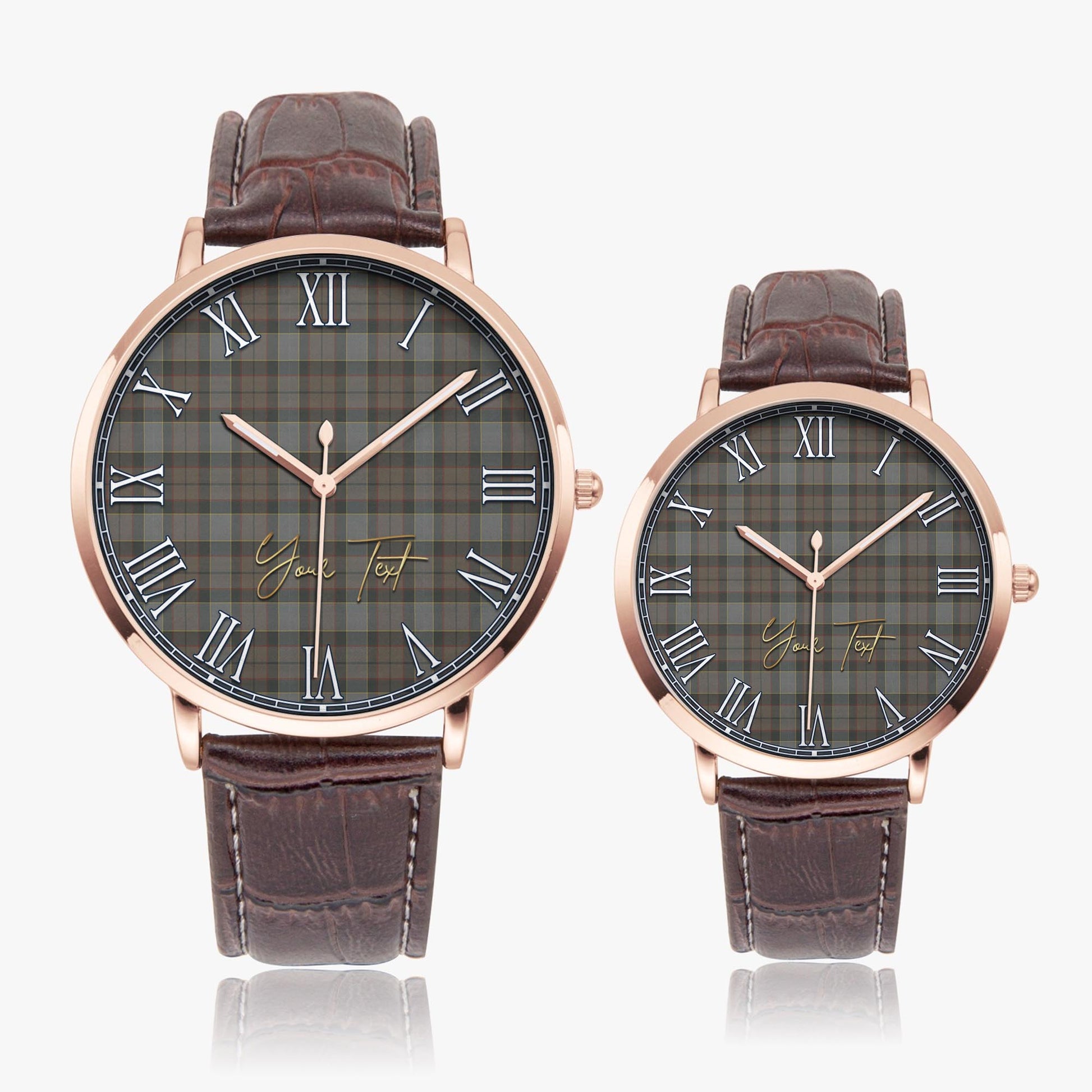 Outlander Fraser Tartan Personalized Your Text Leather Trap Quartz Watch Ultra Thin Rose Gold Case With Brown Leather Strap - Tartanvibesclothing