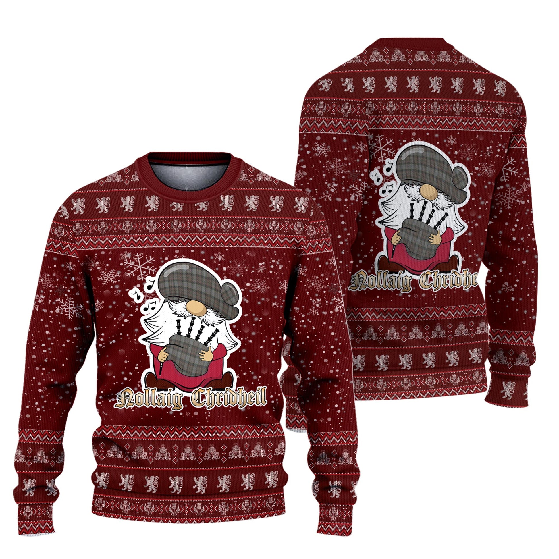 Outlander Fraser Clan Christmas Family Knitted Sweater with Funny Gnome Playing Bagpipes Unisex Red - Tartanvibesclothing