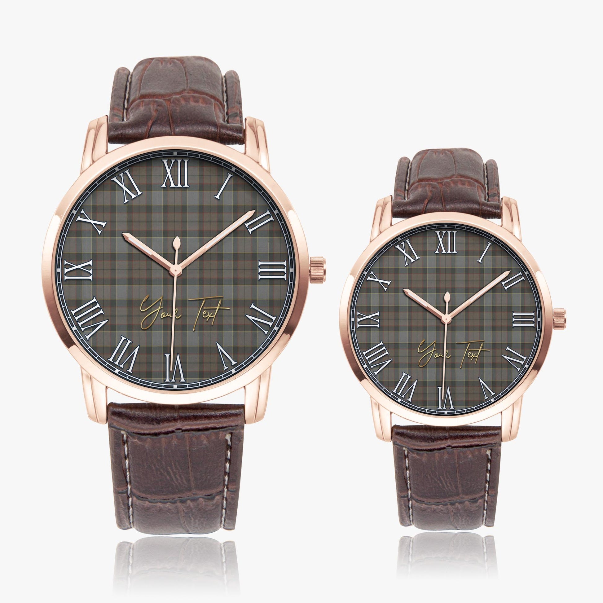 Outlander Fraser Tartan Personalized Your Text Leather Trap Quartz Watch Wide Type Rose Gold Case With Brown Leather Strap - Tartanvibesclothing