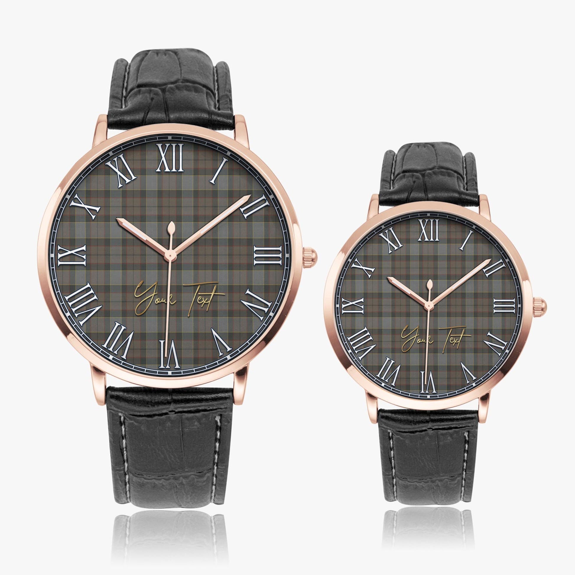 Outlander Fraser Tartan Personalized Your Text Leather Trap Quartz Watch Ultra Thin Rose Gold Case With Black Leather Strap - Tartanvibesclothing