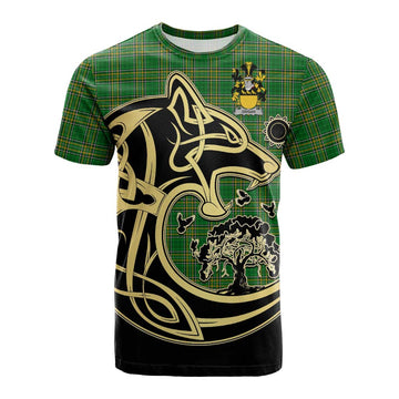 Owgan Irish Tartan Cotton T-shirt with Coat of Arms Celtic Wolf Style