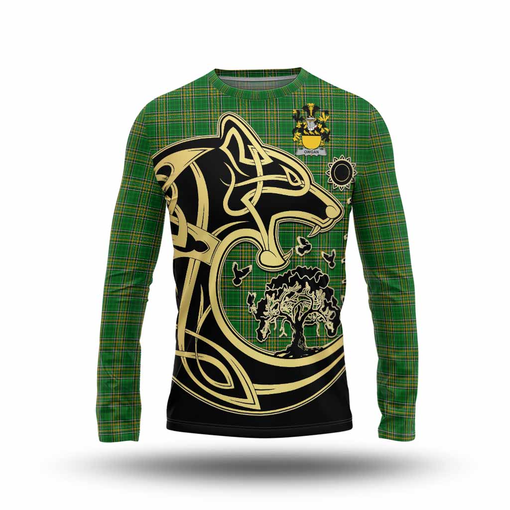 Owgan Irish Tartan Long Sleeve T-Shirt with Coat of Arms Celtic Wolf Style Unisex - Tartan Vibes Clothing