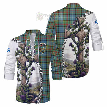 Paisley Tartan Ghillie Kilt Shirt with Family Crest and St. Andrew's Cross Accented by Thistle Vines