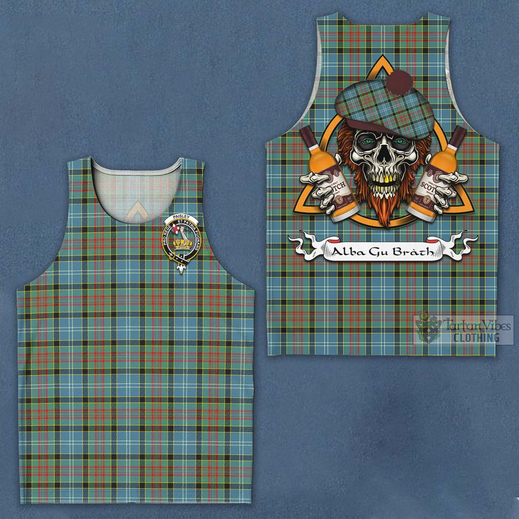 Tartan Vibes Clothing Paisley Tartan Men's Tank Top with Family Crest and Bearded Skull Holding Bottles of Whiskey