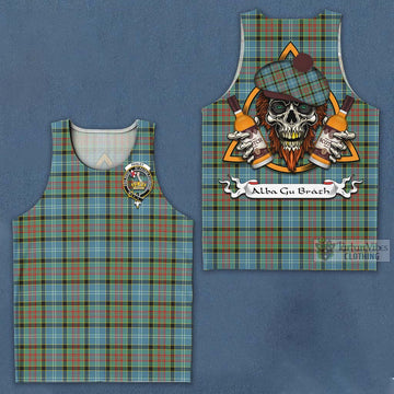 Paisley Tartan Men's Tank Top with Family Crest and Bearded Skull Holding Bottles of Whiskey