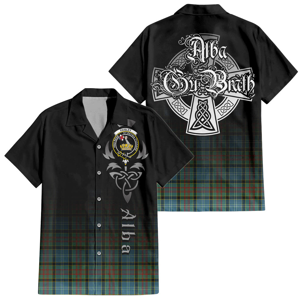 Tartan Vibes Clothing Paisley Tartan Short Sleeve Button Up Featuring Alba Gu Brath Family Crest Celtic Inspired