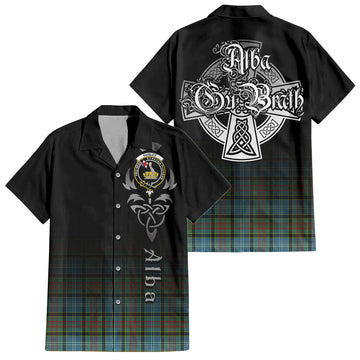 Paisley Tartan Short Sleeve Button Up Shirt Featuring Alba Gu Brath Family Crest Celtic Inspired