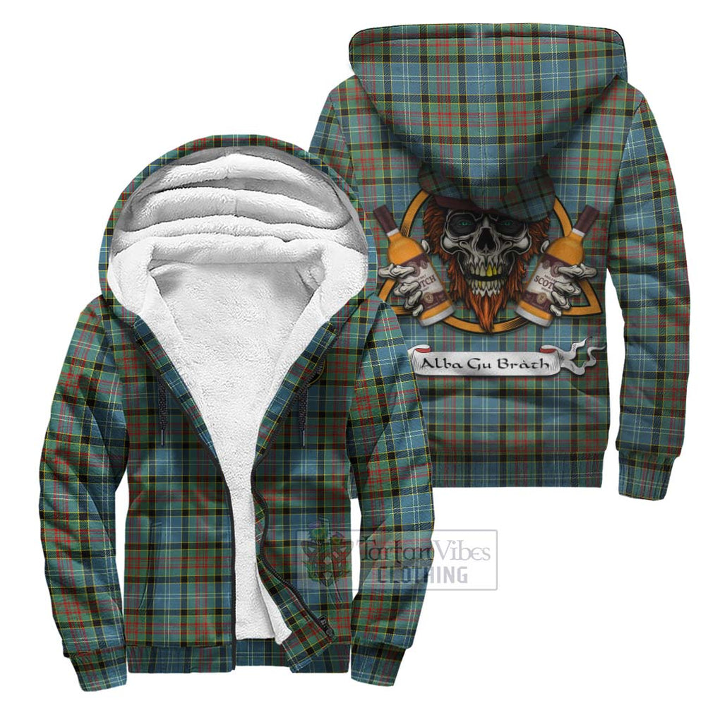 Tartan Vibes Clothing Paisley Tartan Sherpa Hoodie with Family Crest and Bearded Skull Holding Bottles of Whiskey