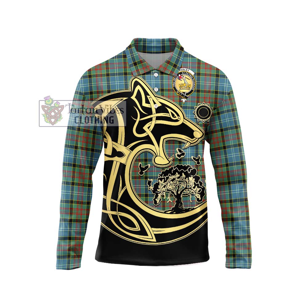 Paisley Tartan Long Sleeve Polo Shirt with Family Crest Celtic Wolf Style Unisex - Tartanvibesclothing Shop