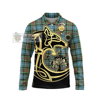 Paisley Tartan Long Sleeve Polo Shirt with Family Crest Celtic Wolf Style