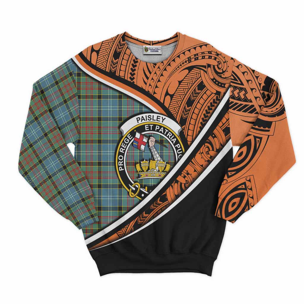 Tartan Vibes Clothing Paisley Crest Tartan Sweatshirt with Maori Tattoo Style - Orange Version