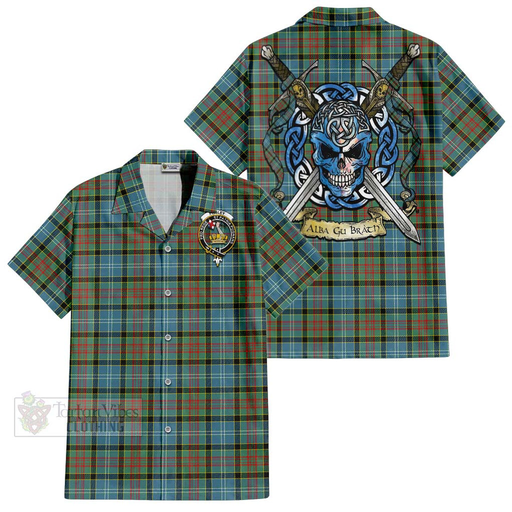 Tartan Vibes Clothing Paisley Tartan Short Sleeve Button Shirt with Family Crest Celtic Skull Style