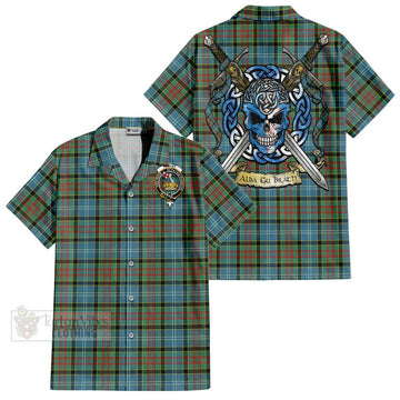 Paisley Tartan Short Sleeve Button Shirt with Family Crest Celtic Skull Style