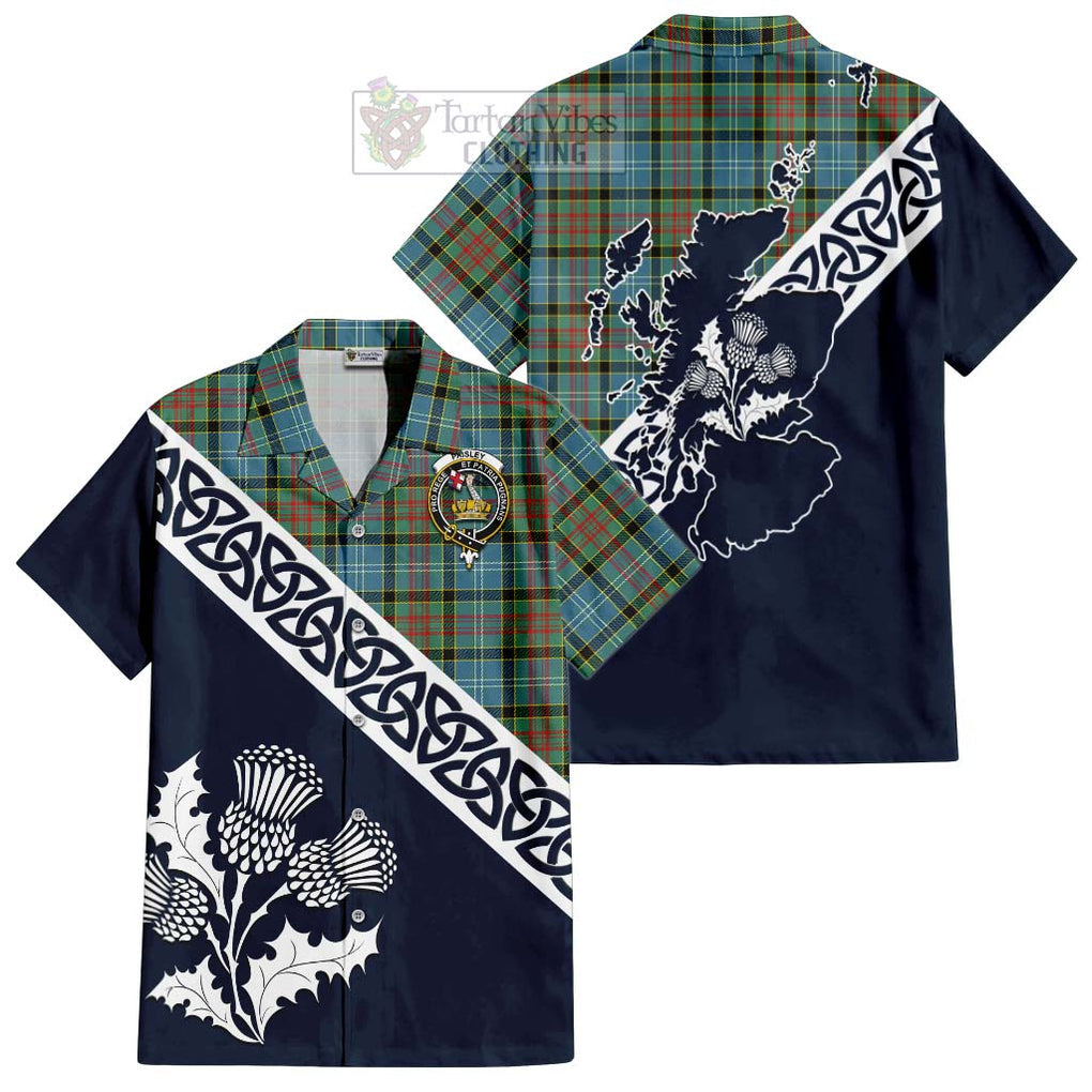 Tartan Vibes Clothing Paisley Tartan Short Sleeve Button Shirt Featuring Thistle and Scotland Map