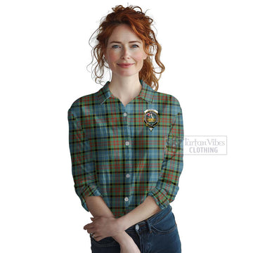 Paisley Tartan Women's Casual Shirt with Family Crest and Bearded Skull Holding Bottles of Whiskey