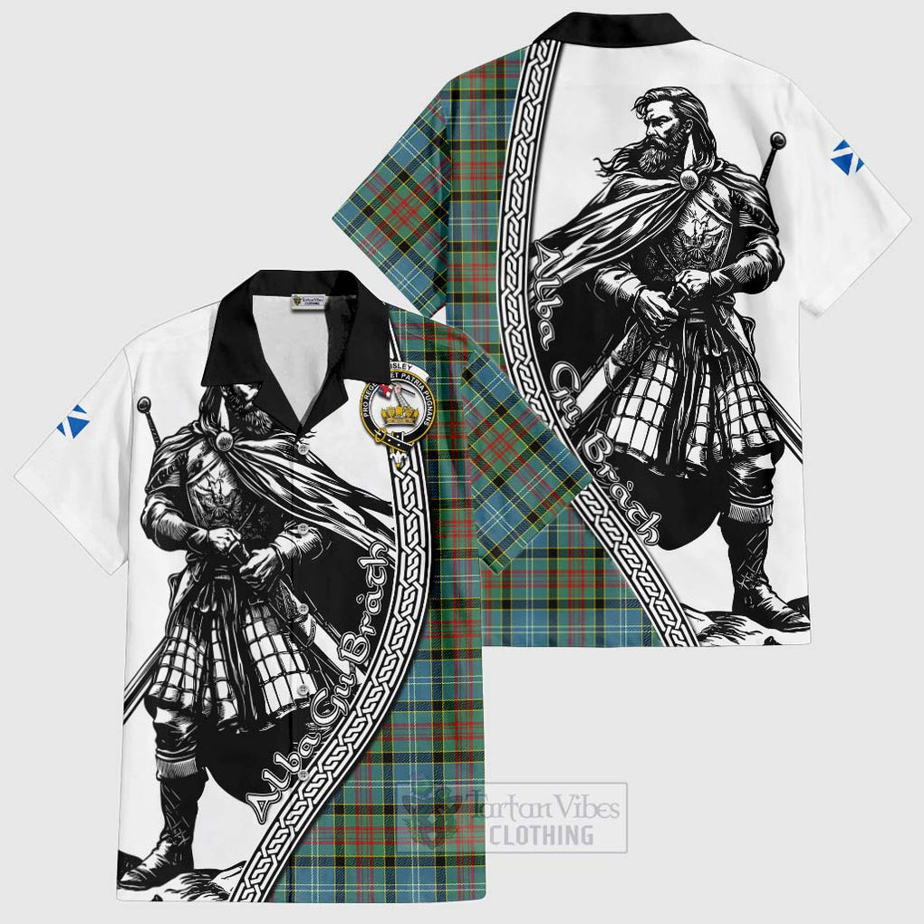 Tartan Vibes Clothing Paisley Tartan Clan Crest Short Sleeve Button Shirt with Highlander Warrior Celtic Style