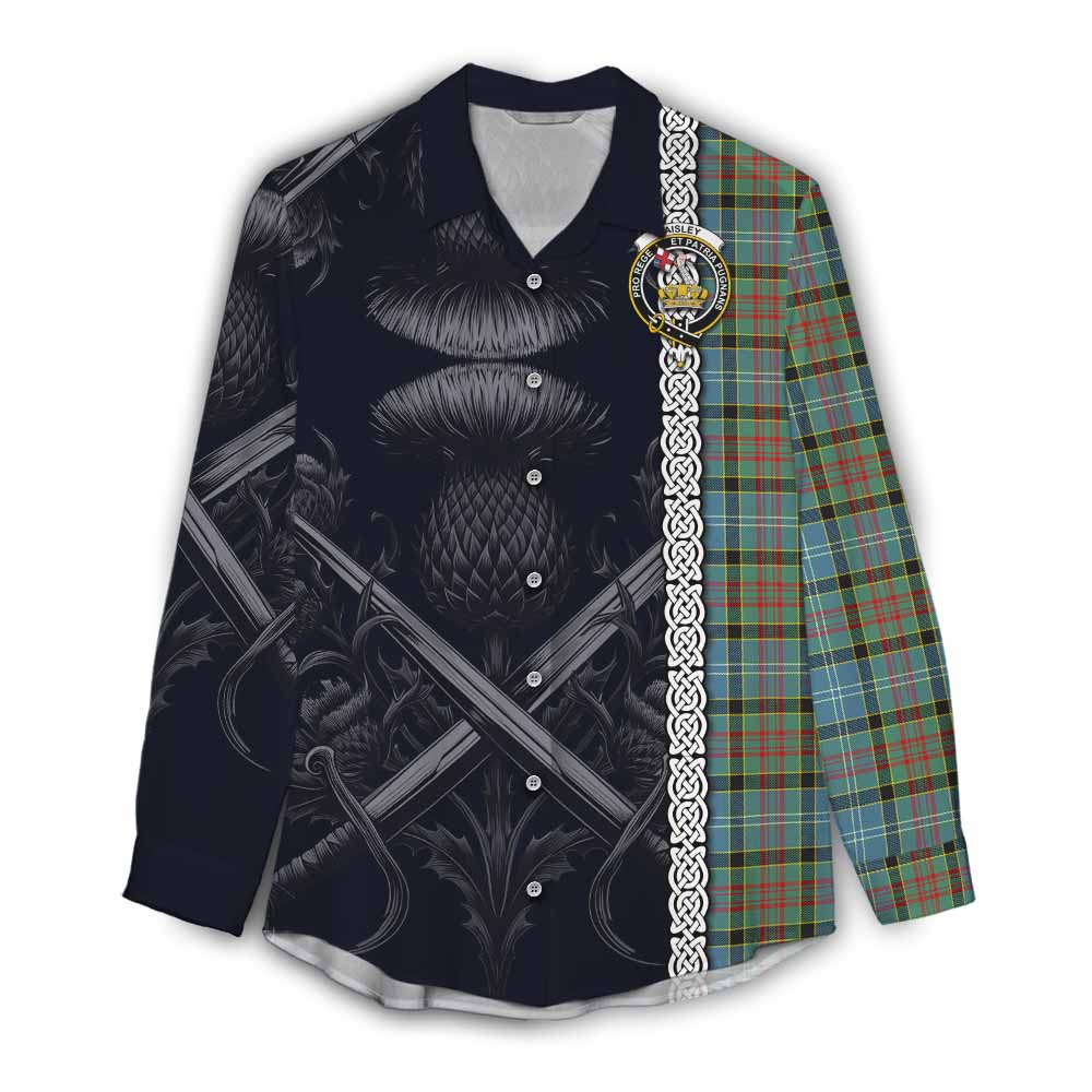 Tartan Vibes Clothing Paisley Tartan Women's Casual Shirt with Family Crest Cross Sword Thistle Celtic Vibes