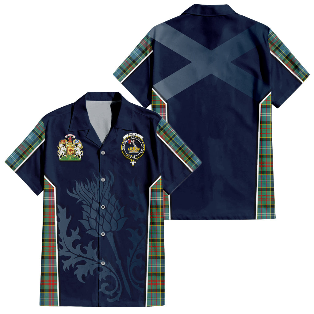 Tartan Vibes Clothing Paisley Tartan Short Sleeve Button Up Shirt with Family Crest and Scottish Thistle Vibes Sport Style