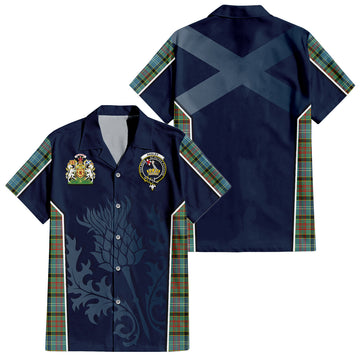 Paisley Tartan Short Sleeve Button Up Shirt with Family Crest and Scottish Thistle Vibes Sport Style