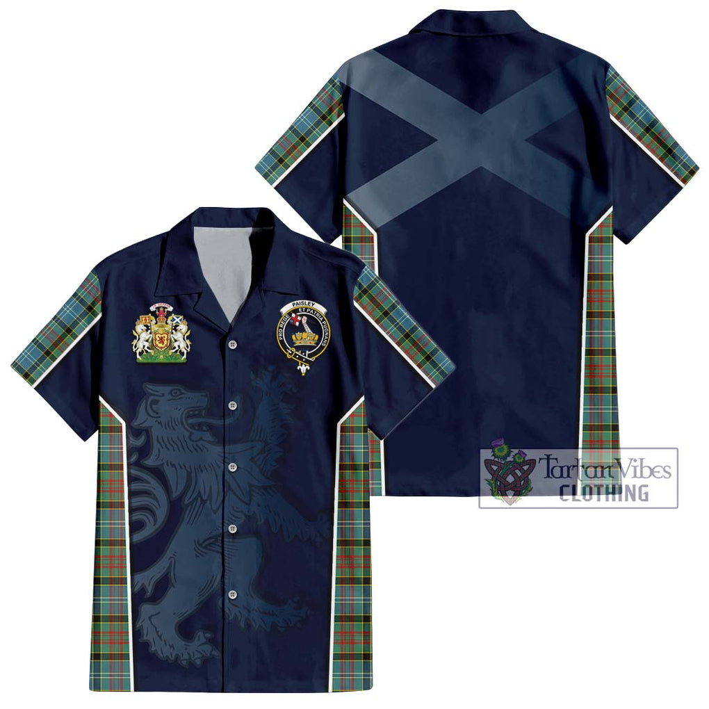 Paisley Tartan Short Sleeve Button Shirt with Family Crest and Lion Rampant Vibes Sport Style Kid - Tartan Vibes Clothing