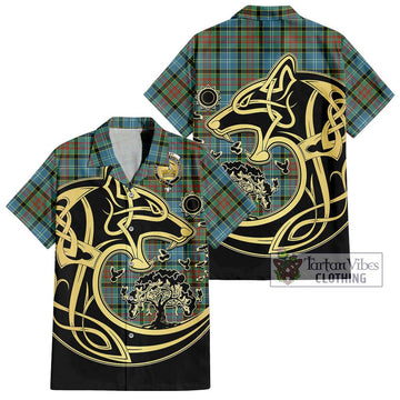 Paisley Tartan Short Sleeve Button Shirt with Family Crest Celtic Wolf Style