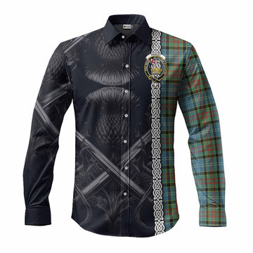 Paisley Tartan Long Sleeve Button Shirt with Family Crest Cross Sword Thistle Celtic Vibes