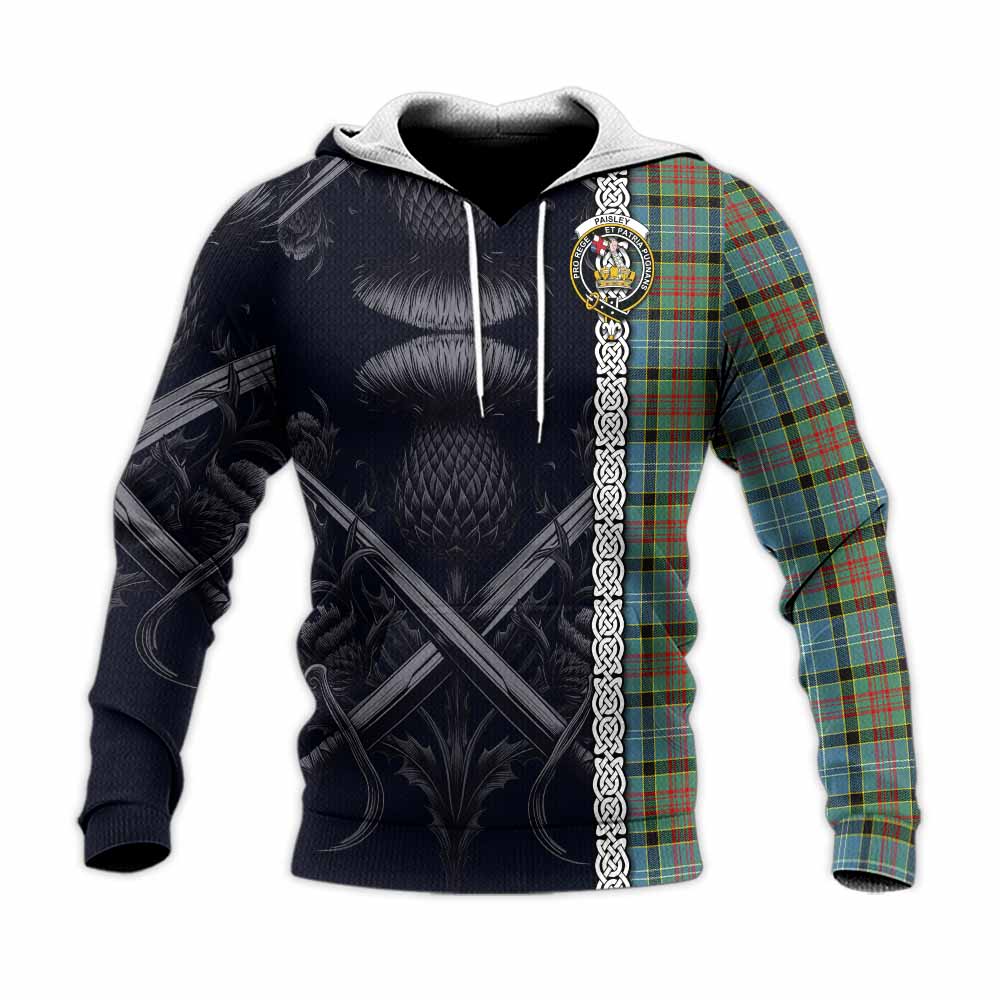 Tartan Vibes Clothing Paisley Tartan Knitted Hoodie with Family Crest Cross Sword Thistle Celtic Vibes