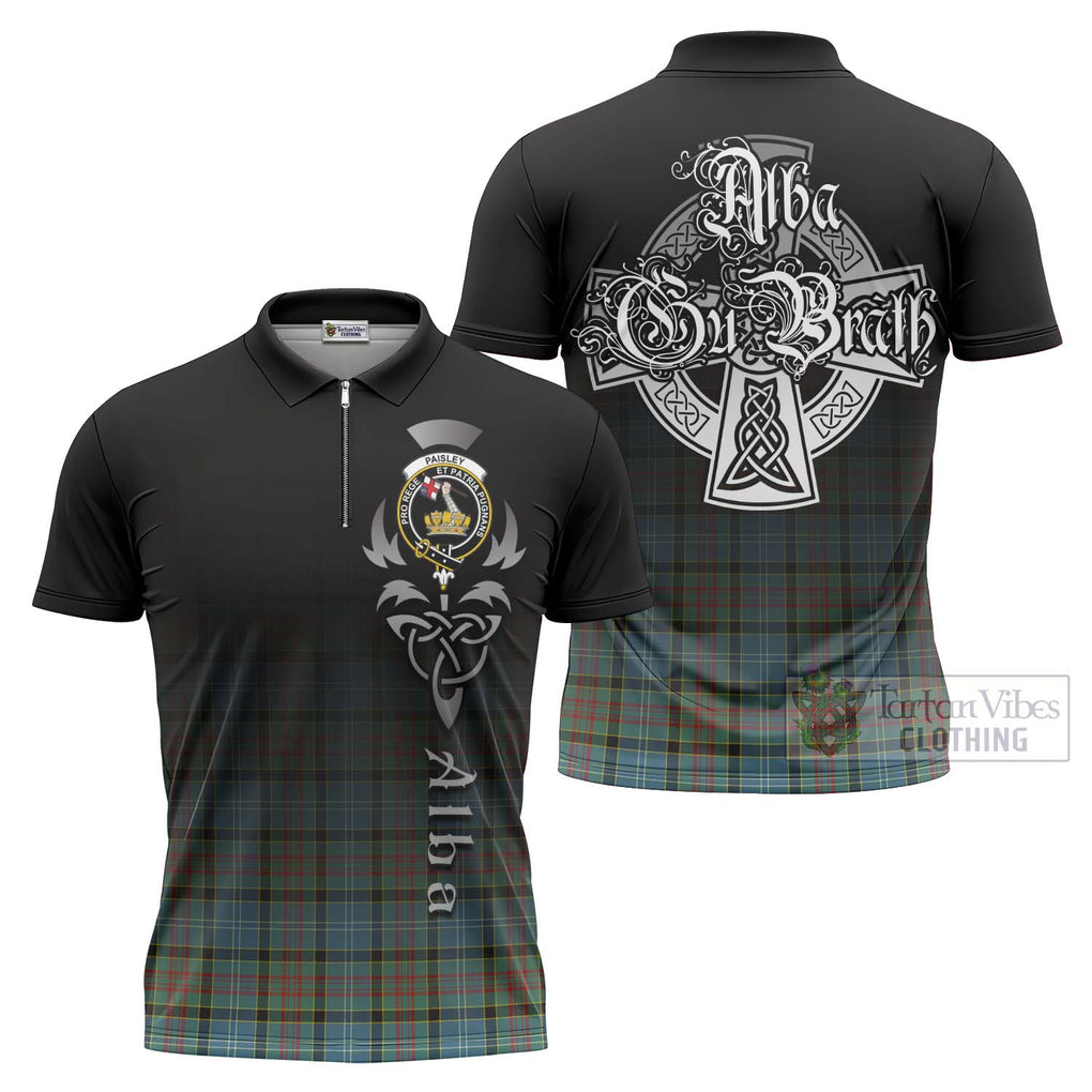 Tartan Vibes Clothing Paisley Tartan Zipper Polo Shirt Featuring Alba Gu Brath Family Crest Celtic Inspired