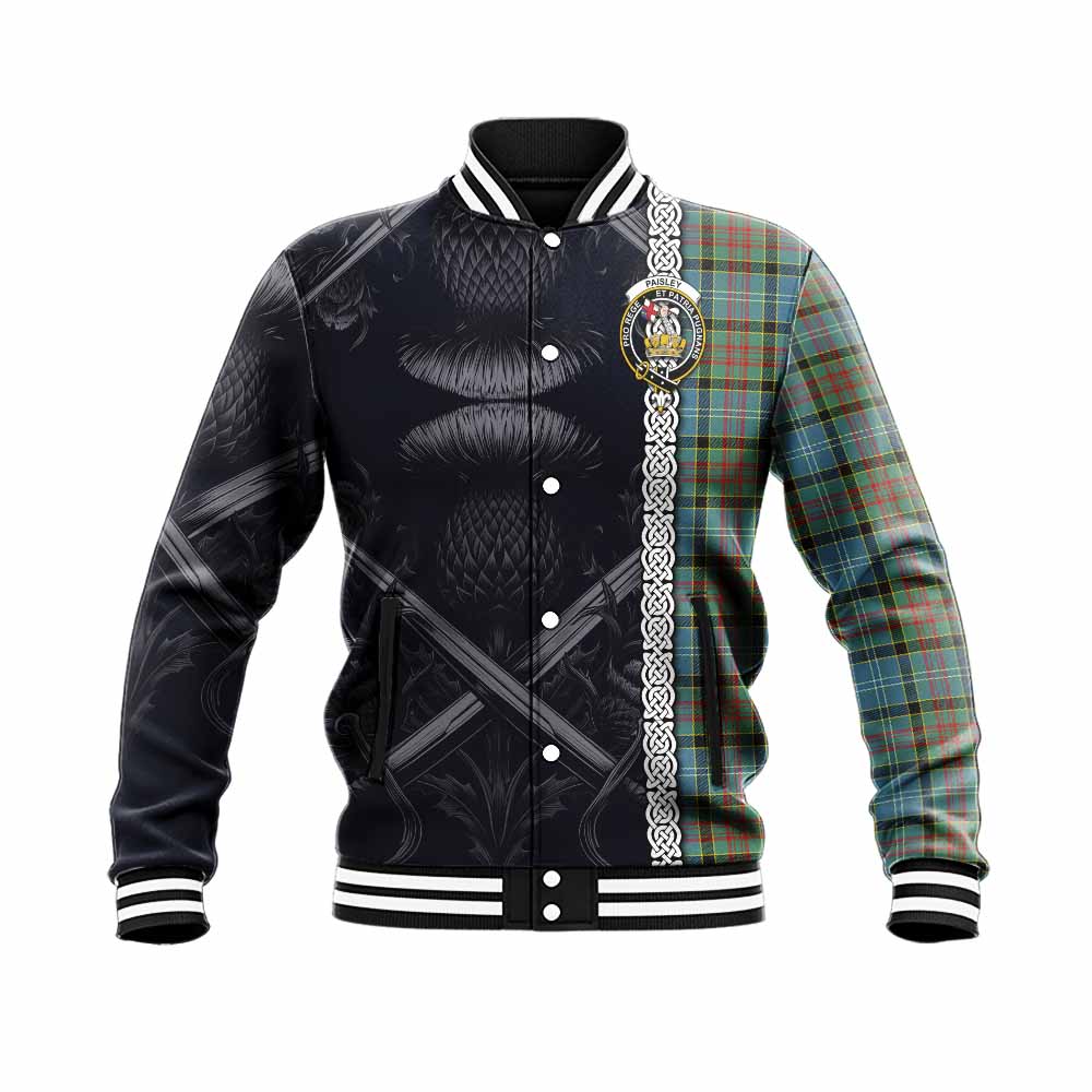 Tartan Vibes Clothing Paisley Tartan Baseball Jacket with Family Crest Cross Sword Thistle Celtic Vibes