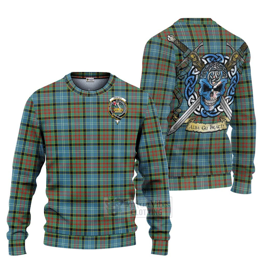 Tartan Vibes Clothing Paisley Tartan Knitted Sweater with Family Crest Celtic Skull Style