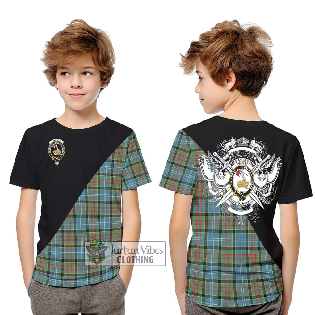 Paisley Tartan Kid T-Shirt with Family Crest and Military Logo Style Youth XL Size14 - Tartanvibesclothing Shop