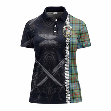 Paisley Tartan Women's Polo Shirt with Family Crest Cross Sword Thistle Celtic Vibes